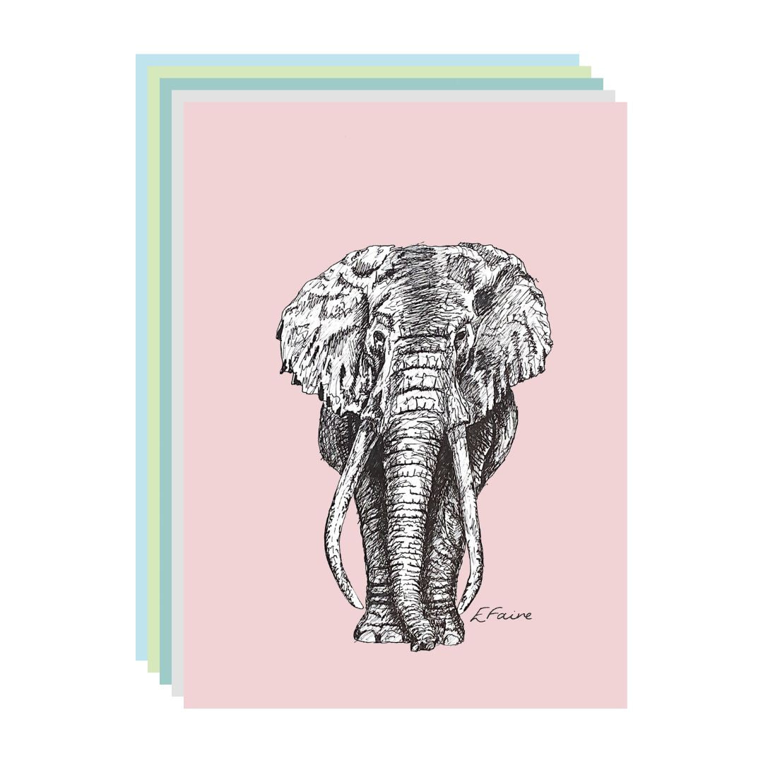 5 PASTEL 'Ems' Elephant Postcards